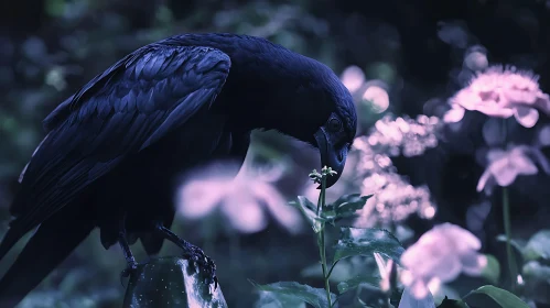 Elegant Raven Amongst the Flowers