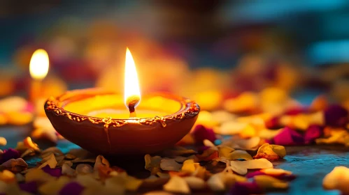 Glowing Candle Surrounded by Petals