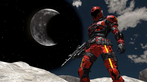 Crimson Sentinel: Lunar Protector in Sci-Fi Armor