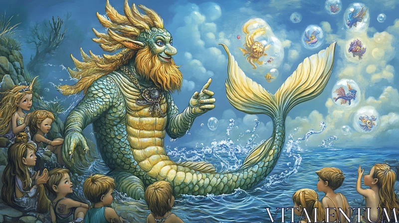 AI ART Enchanting Merman and Children by the Sea