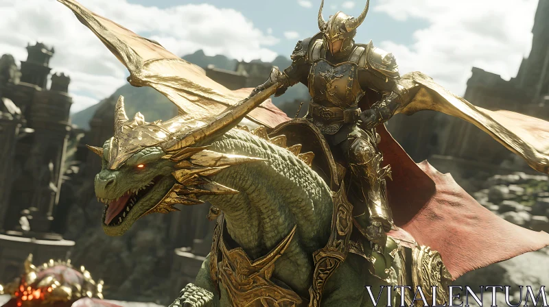 AI ART Golden Knight on Armored Dragon