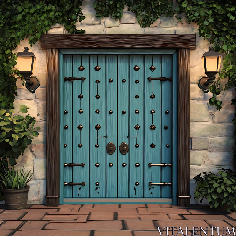 Rustic Turquoise Door Surrounded by Greenery AI Image