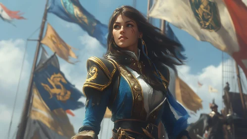 Female Warrior in Blue and Gold Armor