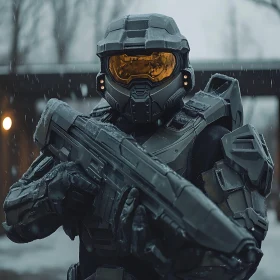 Futuristic Soldier in Winter Landscape