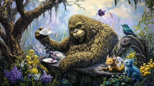 A Bigfoot having tea with forest animals