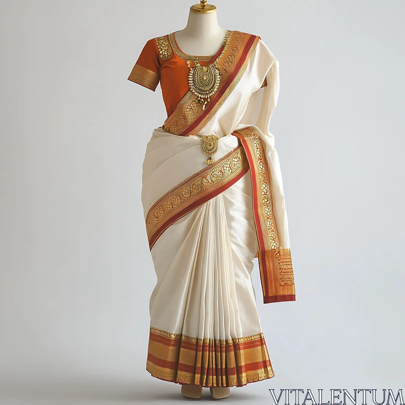 Cream and Orange Sari with Jewelry AI Image