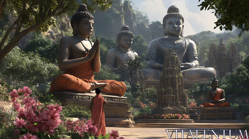 Ancient Buddha Garden with Worshipper AI Image