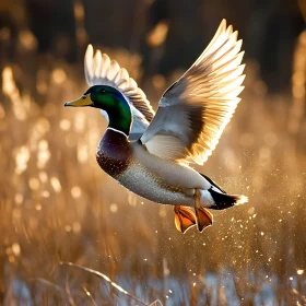 Mallard Duck Taking Flight at Sunset