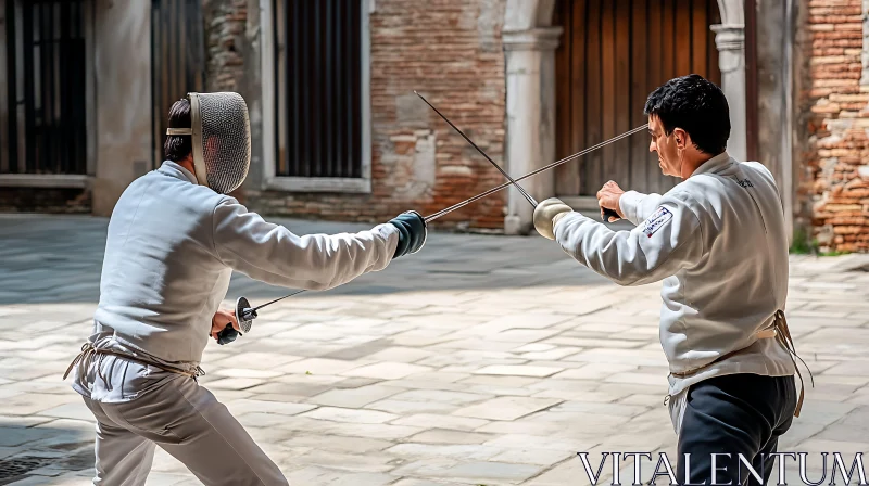 AI ART Swordsmen Clash in Old Town Square