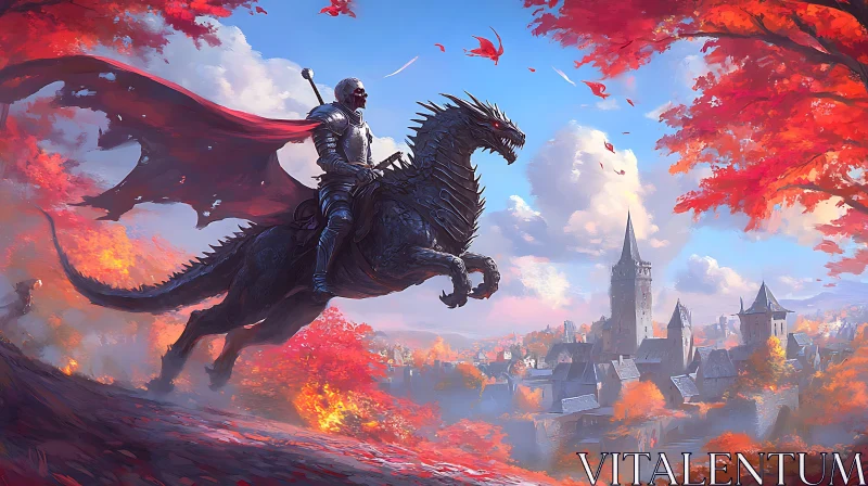 AI ART Dragon Rider Overlooking Autumnal Town