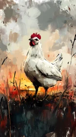 White Chicken in a Sunset Field