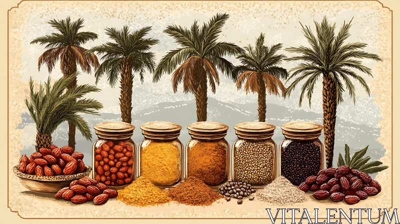 AI ART Still Life with Dates, Spices, and Palms