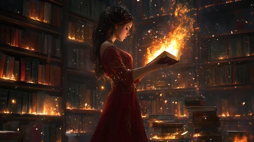 Library Woman Reading Fire Book