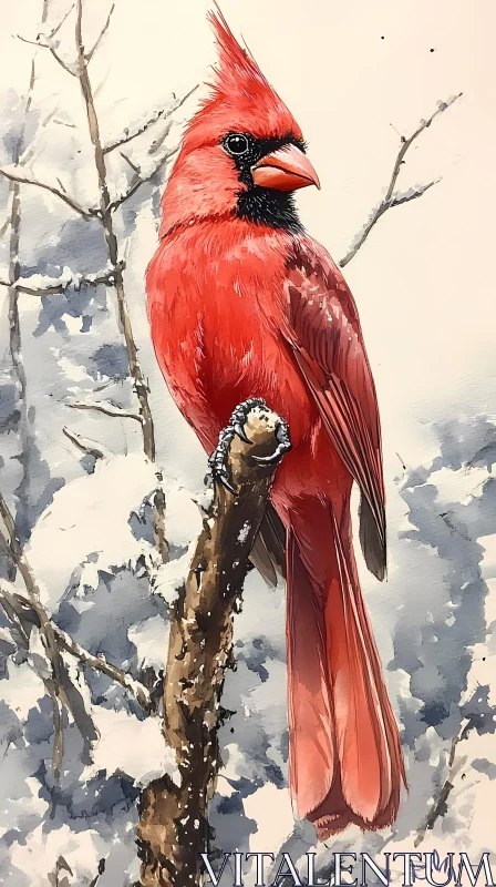 Crimson Bird on Snow AI Image