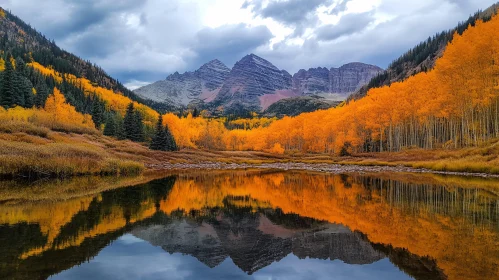 Vibrant Fall Colors Reflecting in Tranquil Lake with Mountain Background