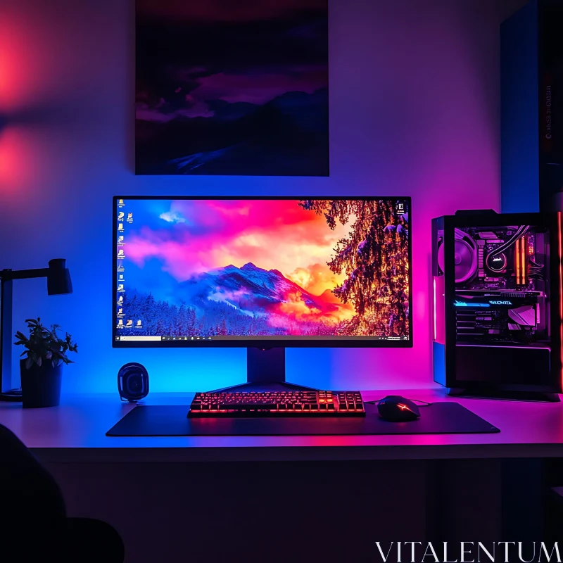 Stylish RGB-Illuminated Computer Workspace AI Image