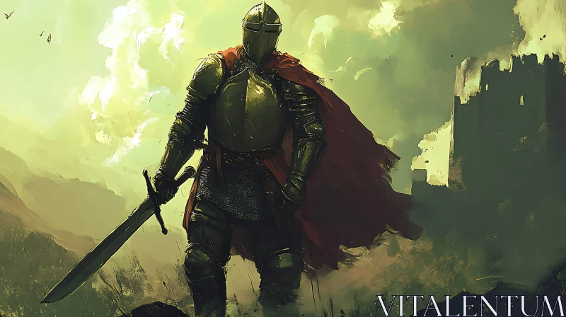 AI ART Medieval Knight with Sword near Castle