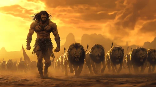 Warrior and Lions Under Fiery Sky