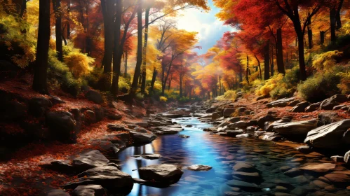 Autumn Wonderland: A Vibrant Stream Surrounded by Trees