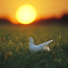 White Dove in a Meadow at Sunset