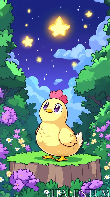 Charming Cartoon Chicken in Enchanted Forest AI Image