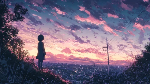 Girl Watching Sunset Over the City
