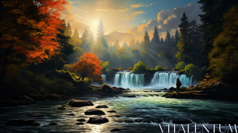 Captivating Waterfall Painting in Luminous Landscape Style AI Image