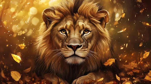 Lion Portrait with Falling Leaves