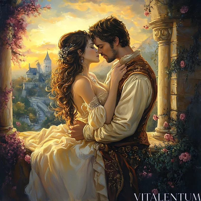 Lovers' embrace with a castle background AI Image