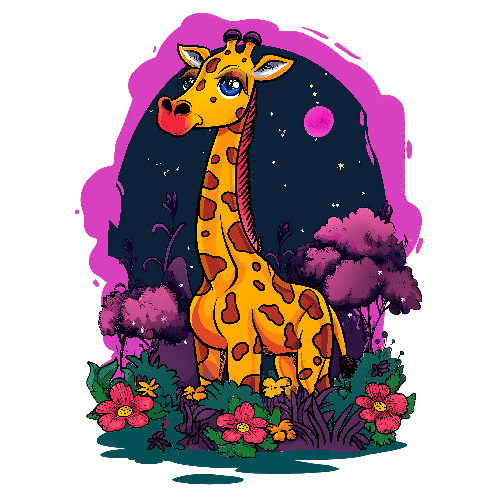 Cute Cartoon Giraffe T-Shirt Design - Starry Night and Flowers