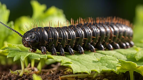 Dark Black Caterpillar on Leaf: A Captivating Depiction of Natural Life