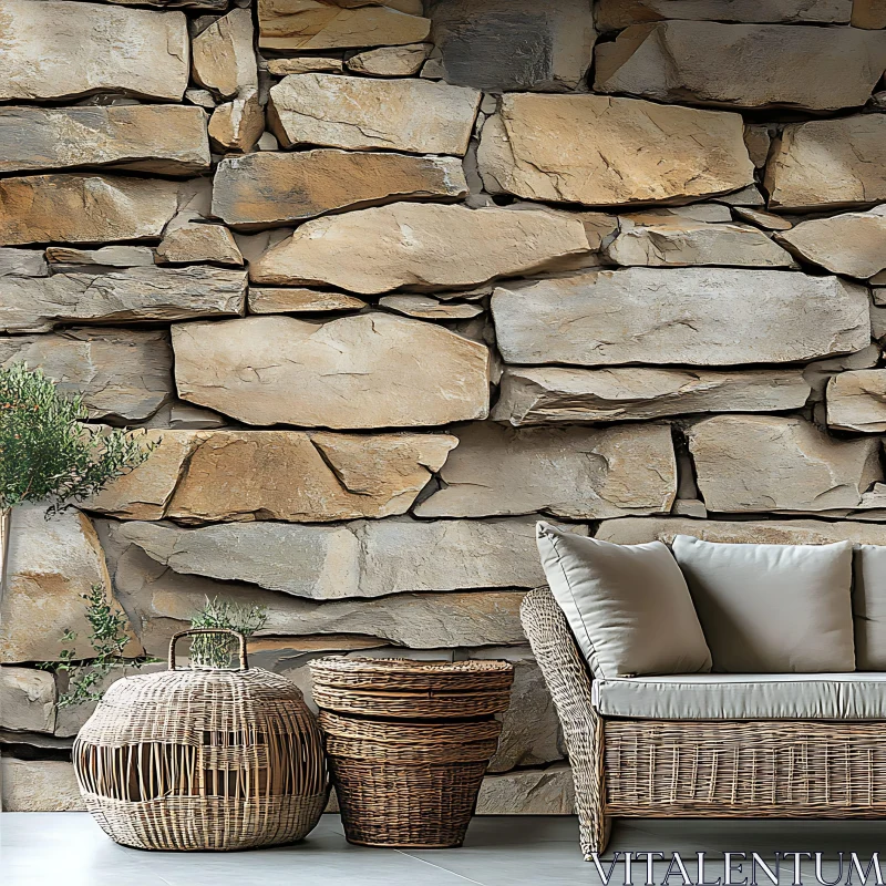 AI ART Cozy Interior Decor with Stone Wall and Wicker Furniture