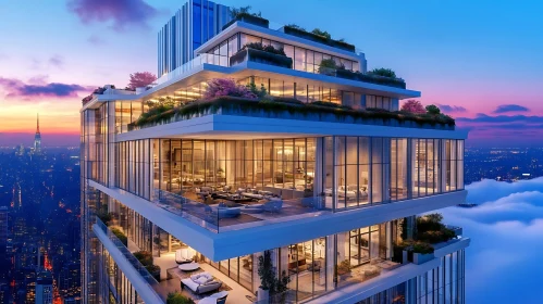 Luxury High-Rise with Glass Facade and Gardens