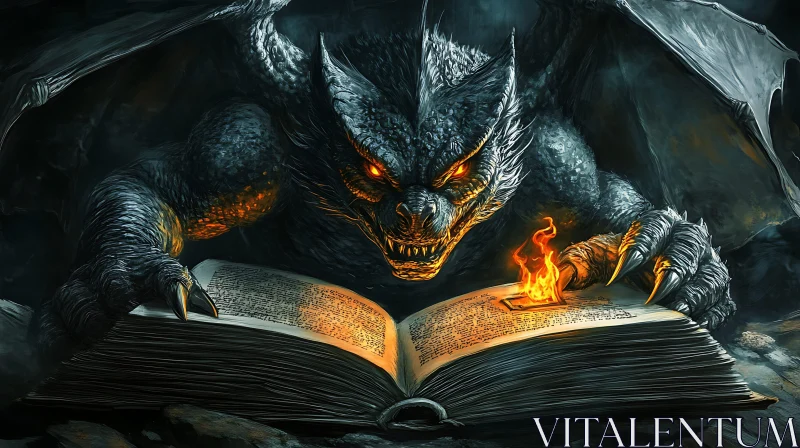 Dragon Reading a Book of Spells AI Image