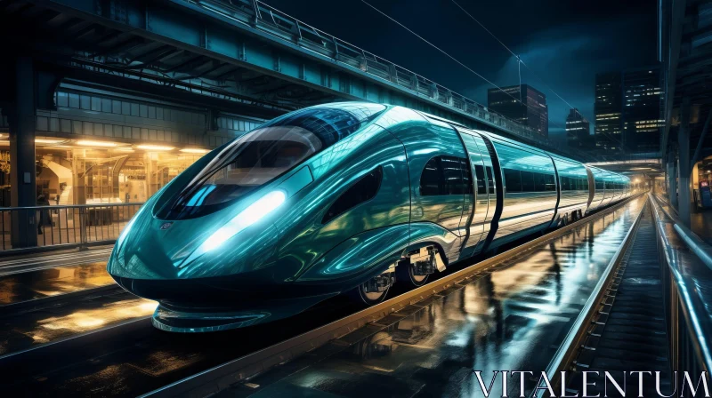Futuristic Train Journey at Night - Turquoise & Silver Elegance AI Image