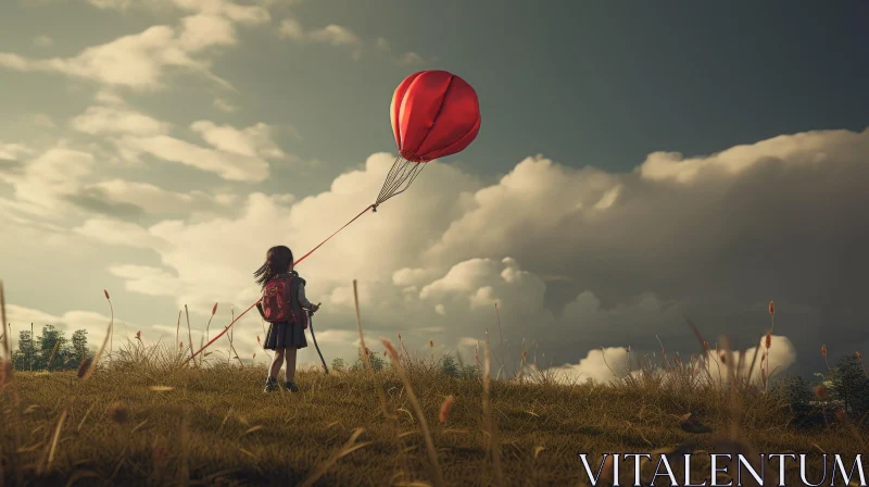Graceful Small Girl Floating in Hot Air Balloon - Colorful Sky Illustration AI Image