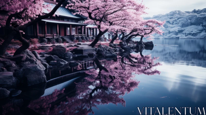 Moody Monotones: Cherry Blossoms and Japanese House by the Lake AI Image