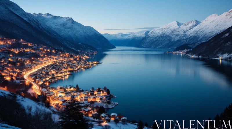 Mountainous Town Night View - Serene Lake and Soft Lighting AI Image