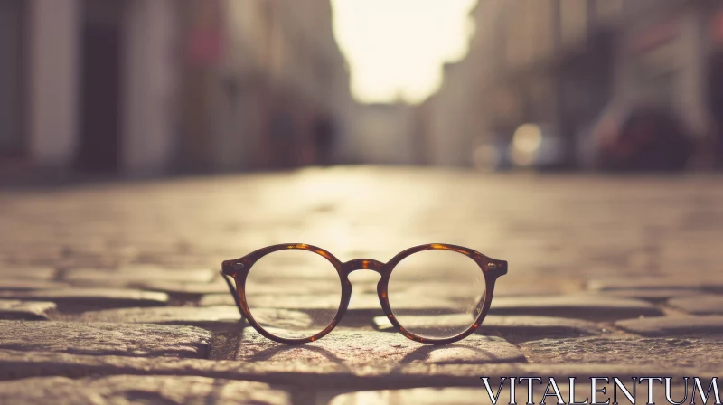 Retro Glasses on Old Cobblestone Street - Small Business Concept Photo AI Image
