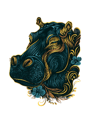 Stylized Hippopotamus Head in Blue and Gold for Merchandise