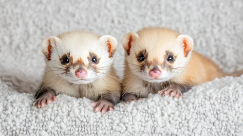 Adorable Ferrets Relaxing on Light Gray Blanket