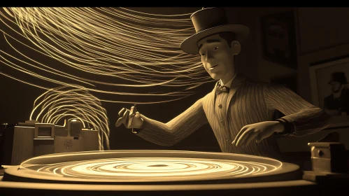 Cartoon Man Creating Magic with Turntable