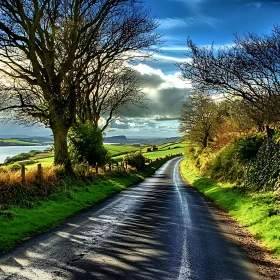 Serene Landscape with Wet Road and Partly Cloudy Sky