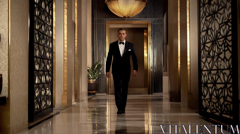 Elegant Man in Formal Wear in Lavish Hallway AI Image