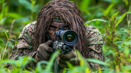 Hidden Sniper with Rifle in Lush Foliage