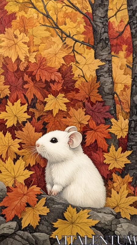 White Mouse in Vibrant Autumn Leaves AI Image