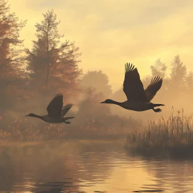 Birds Flying Over Lake at Dawn