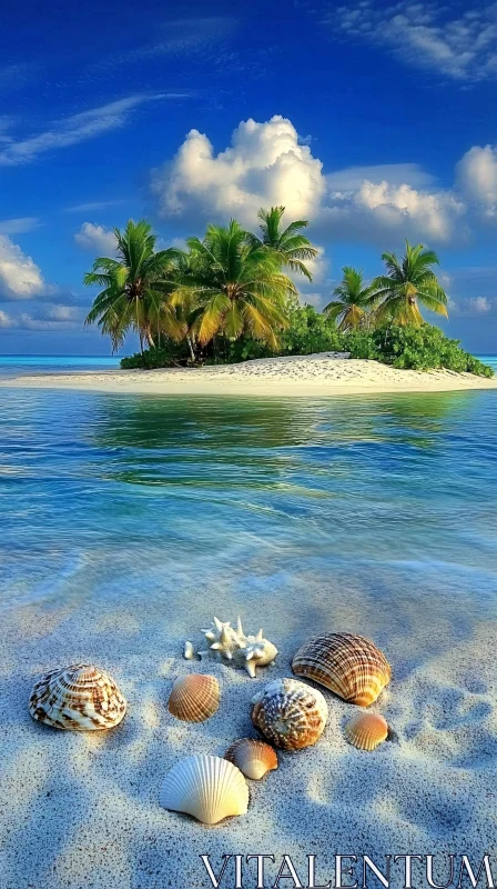 AI ART Tropical Paradise with Palm Trees and Seashells on the Beach