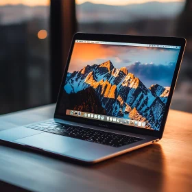 Elegant Laptop Displaying Mountain Sunset