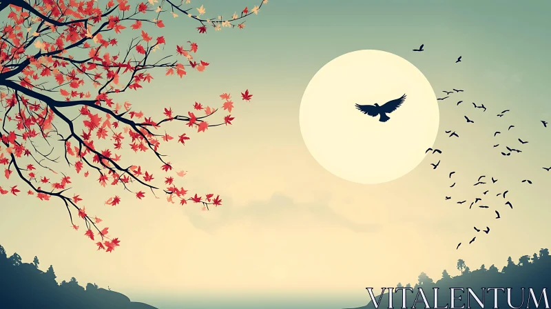 Peaceful Sunset Bird Silhouette AI Image